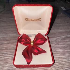 Amanda Smith Red Metal Satin Bow Brooch  With Rhinestones J5